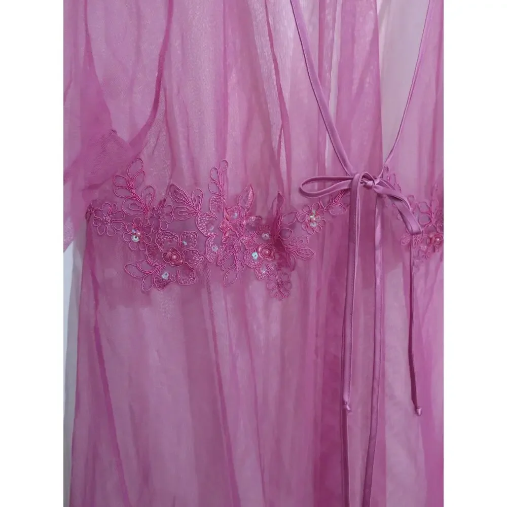 Intimate Attitudes Women Sz 1X Pink Purple Y2K Sheer Lace Sequin Robe Romantic